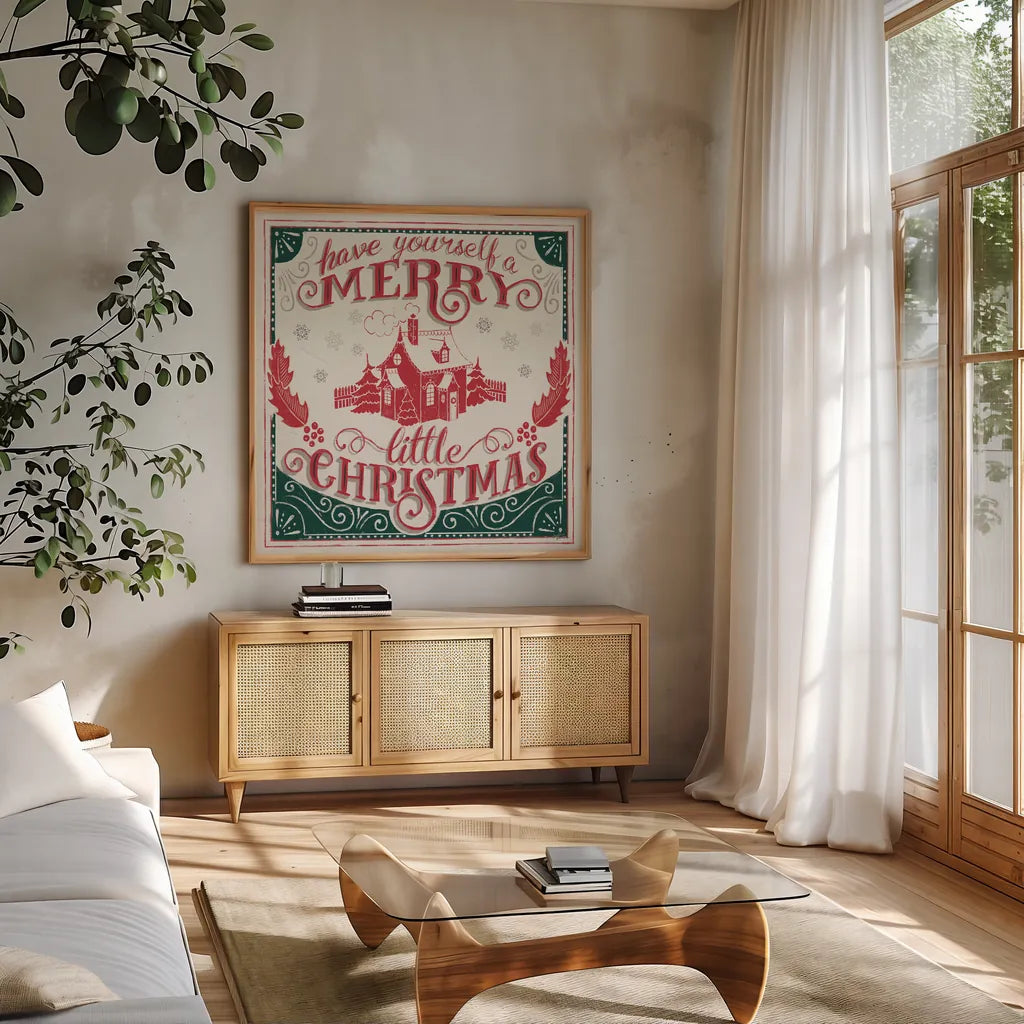 Merry Little Christmas V Green by Janelle Penner. Shown in a natural wood frame in a cozy modern living room. Available as an archival giclee rolled canvas, fine art paper, or poster print. SKU 57503a.