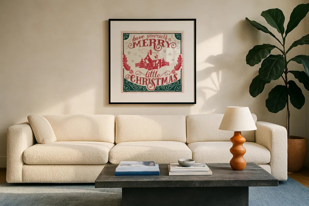 Merry Little Christmas V Green by Janelle Penner. Displayed in a glass frame with matte in a clean modern living room. Available as an archival giclee rolled canvas, fine art paper, or poster print. SKU 57503a.