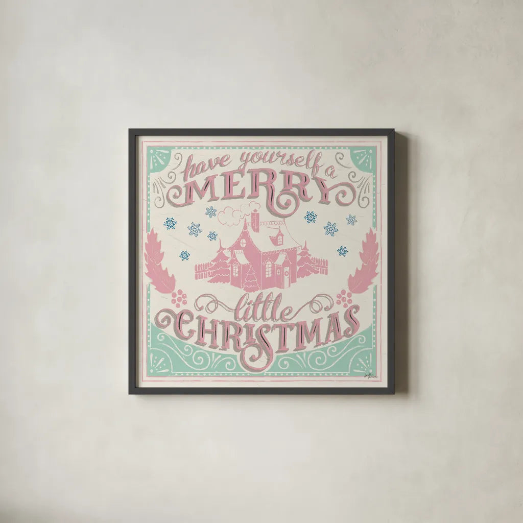 Merry Little Christmas V Vintage by Janelle Penner. Shown in a sleek black glass frame for a contemporary gallery look. Available as an archival giclee rolled canvas, fine art paper, or poster print. SKU 50976a.