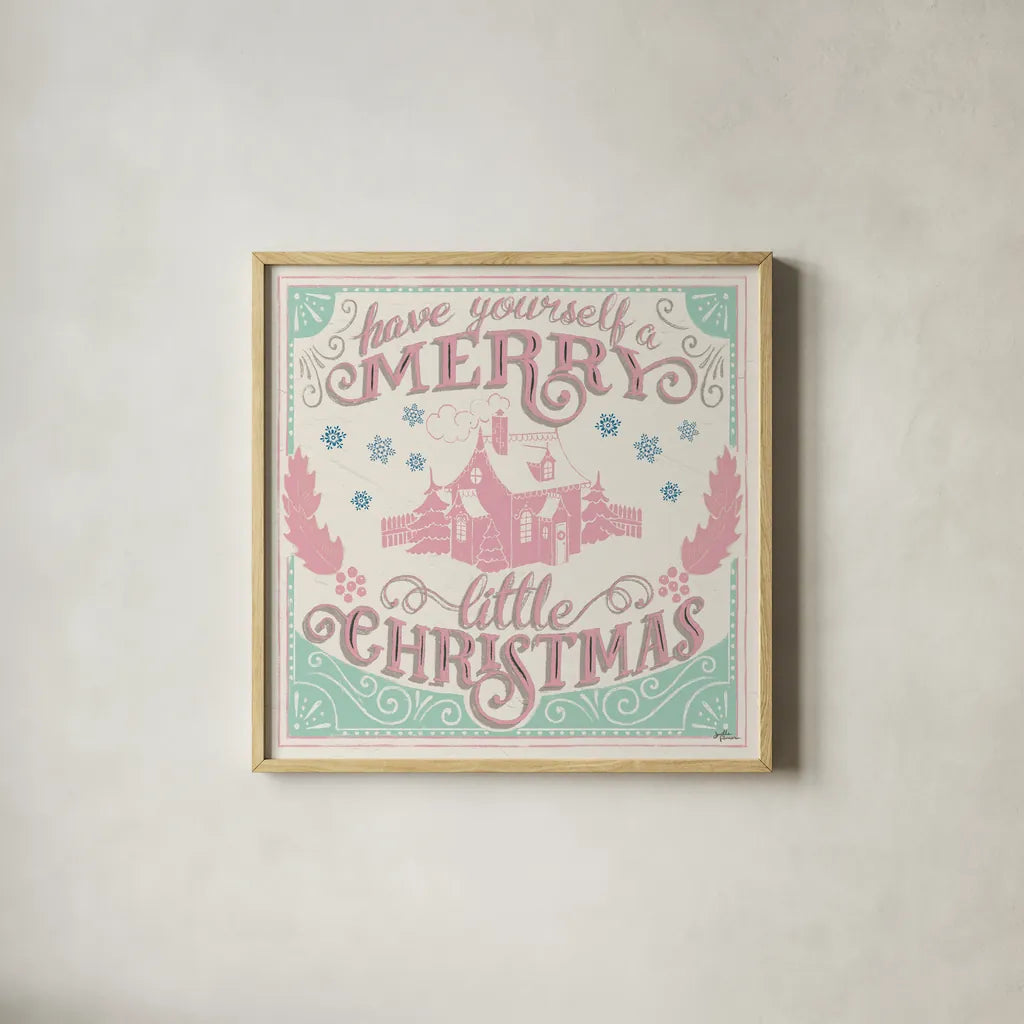 Merry Little Christmas V Vintage by Janelle Penner. Shown in a natural wood glass frame for a timeless modern aesthetic. Available as an archival giclee rolled canvas, fine art paper, or poster print. SKU 50976a.