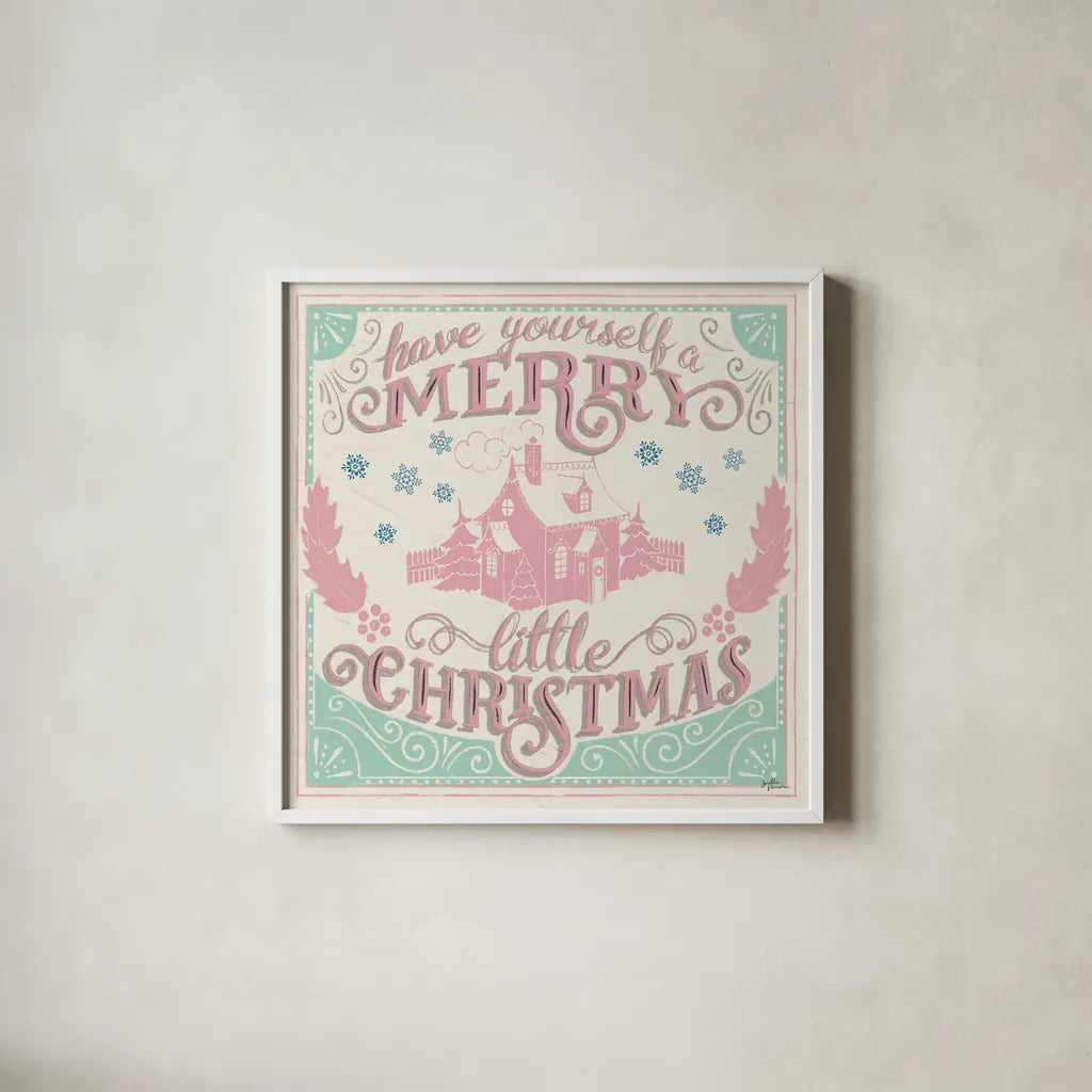 Merry Little Christmas V Vintage by Janelle Penner. Shown in a crisp white glass frame for a clean and minimalist style. Available as an archival giclee rolled canvas, fine art paper, or poster print. SKU 50976a.