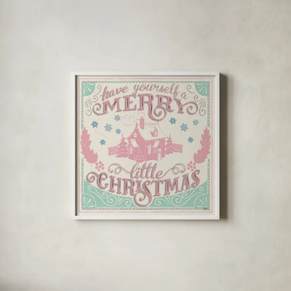 Merry Little Christmas V Vintage by Janelle Penner. Shown in a crisp white glass frame for a clean and minimalist style. Available as an archival giclee rolled canvas, fine art paper, or poster print. SKU 50976a.