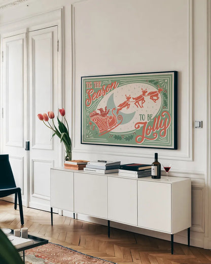 Naughty and Nice I by Janelle Penner. shown as a framed stretched canvas in a living room above a console. Available as a archival giclee rolled canvas, fine art paper, or poster print. SKU 66143i.