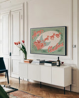 Naughty and Nice I Merry Chrstmas by Janelle Penner. shown as a framed stretched canvas in a living room above a console. Available as a archival giclee rolled canvas, fine art paper, or poster print. SKU 68346i.