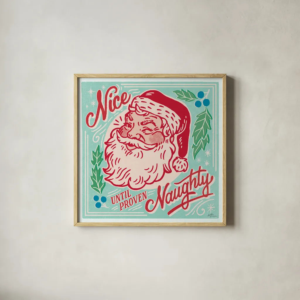 Naughty and Nice II Bright by Janelle Penner. Shown in a natural wood glass frame for a timeless modern aesthetic. Available as an archival giclee rolled canvas, fine art paper, or poster print. SKU 76821a.