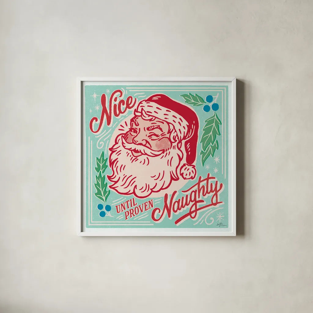 Naughty and Nice II Bright by Janelle Penner. Shown in a crisp white glass frame for a clean and minimalist style. Available as an archival giclee rolled canvas, fine art paper, or poster print. SKU 76821a.