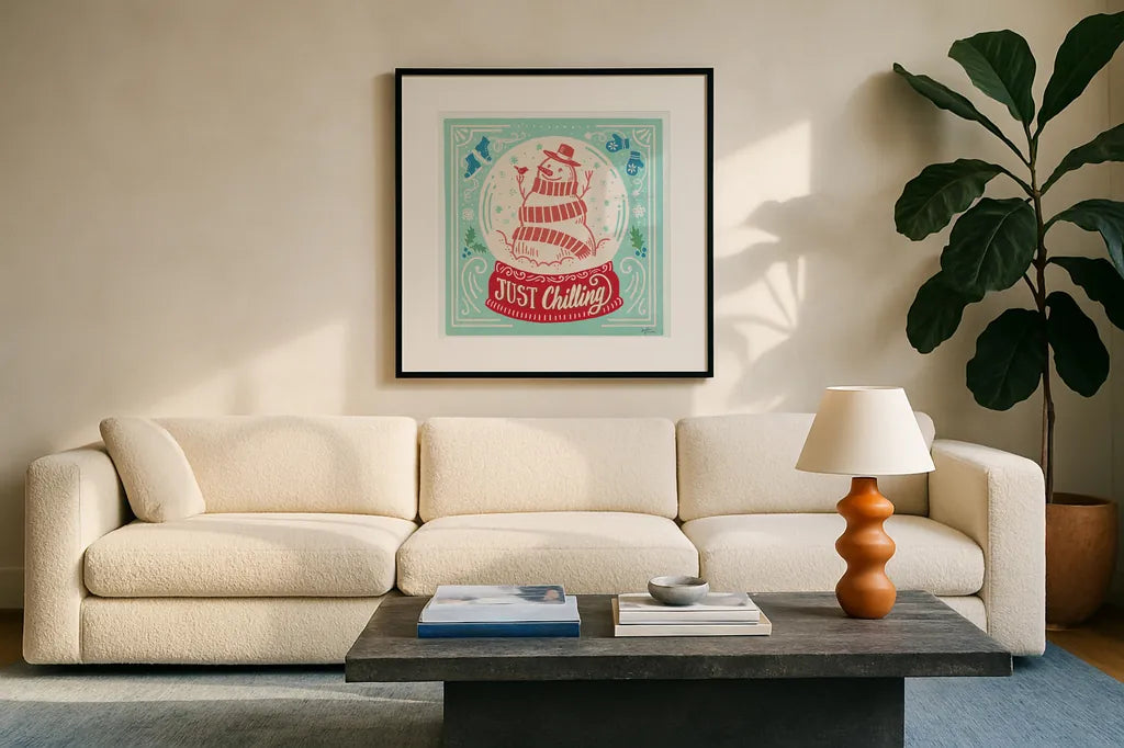 Naughty and Nice III Bright by Janelle Penner. Displayed in a glass frame with matte in a clean modern living room. Available as an archival giclee rolled canvas, fine art paper, or poster print. SKU 76822a.