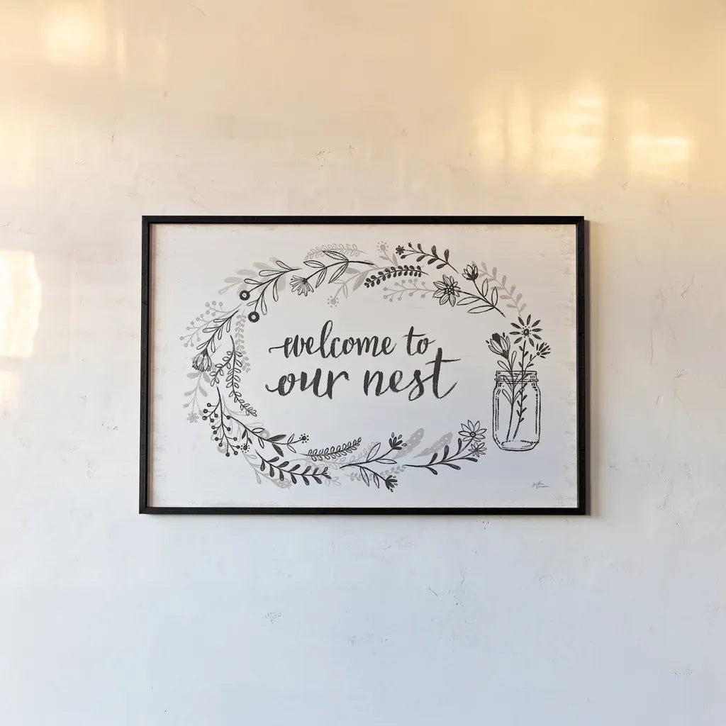 Our Nest I by Janelle Penner. shown as a paper print in a black flame. Available as a archival giclee rolled canvas, fine art paper, or poster print. SKU 33492i.