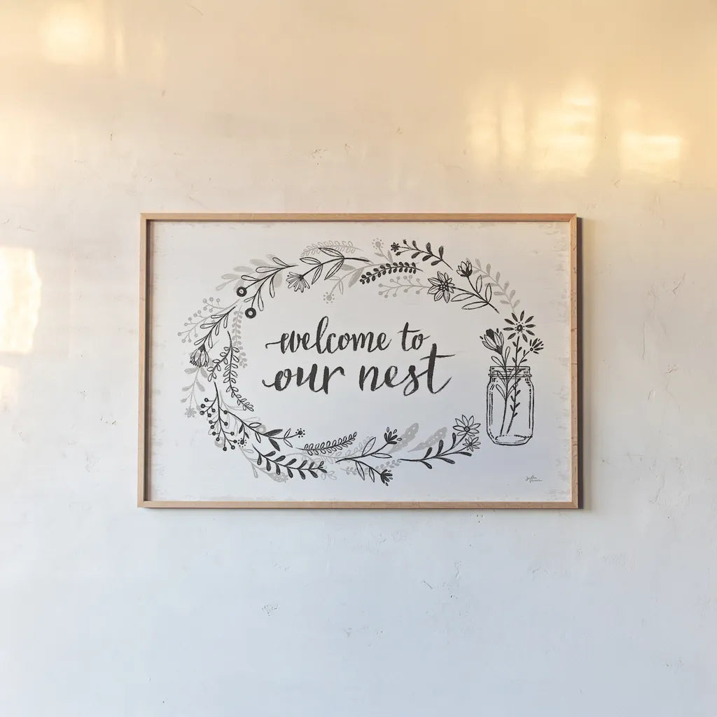 Our Nest I by Janelle Penner. shown as a paper print in a natural frame. Available as a archival giclee rolled canvas, fine art paper, or poster print. SKU 33492i.