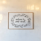 Our Nest I by Janelle Penner. shown as a paper print in a natural frame. Available as a archival giclee rolled canvas, fine art paper, or poster print. SKU 33492i.