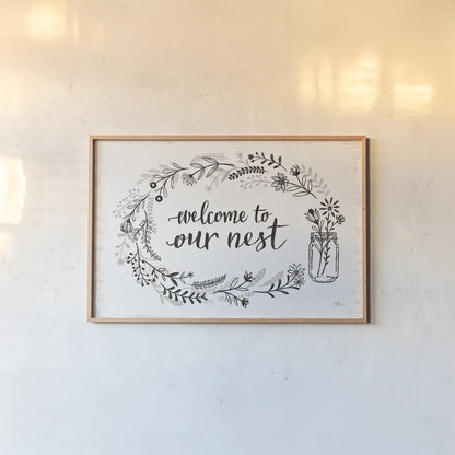 Our Nest I by Janelle Penner. shown as a paper print in a natural frame. Available as a archival giclee rolled canvas, fine art paper, or poster print. SKU 33492i.