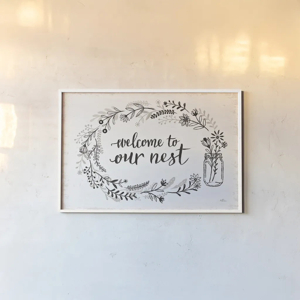 Our Nest I by Janelle Penner. shown as a paper print in a white frame. Available as a archival giclee rolled canvas, fine art paper, or poster print. SKU 33492i.