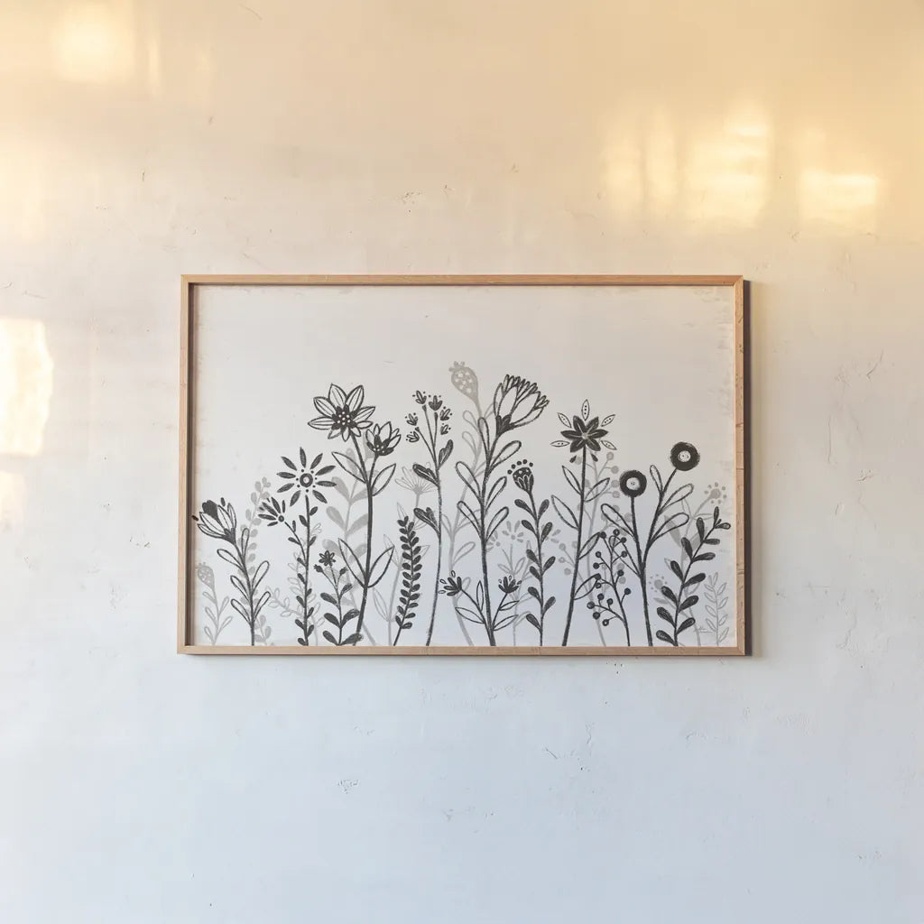 Our Nest IX Florals by Janelle Penner. shown as a paper print in a natural frame. Available as a archival giclee rolled canvas, fine art paper, or poster print. SKU 84044i.