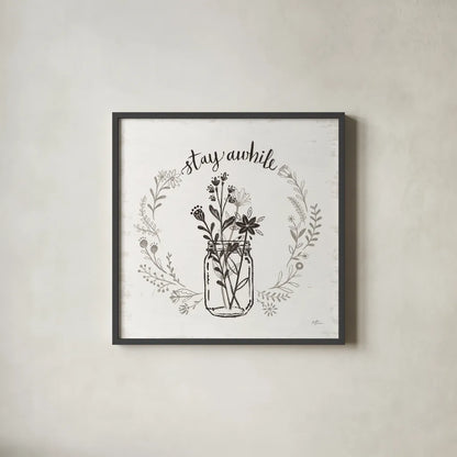 Our Nest VIII Stay Awhile by Janelle Penner. Shown in a sleek black glass frame for a contemporary gallery look. Available as an archival giclee rolled canvas, fine art paper, or poster print. SKU 78847a.