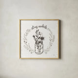 Our Nest VIII Stay Awhile by Janelle Penner. Shown in a natural wood glass frame for a timeless modern aesthetic. Available as an archival giclee rolled canvas, fine art paper, or poster print. SKU 78847a.