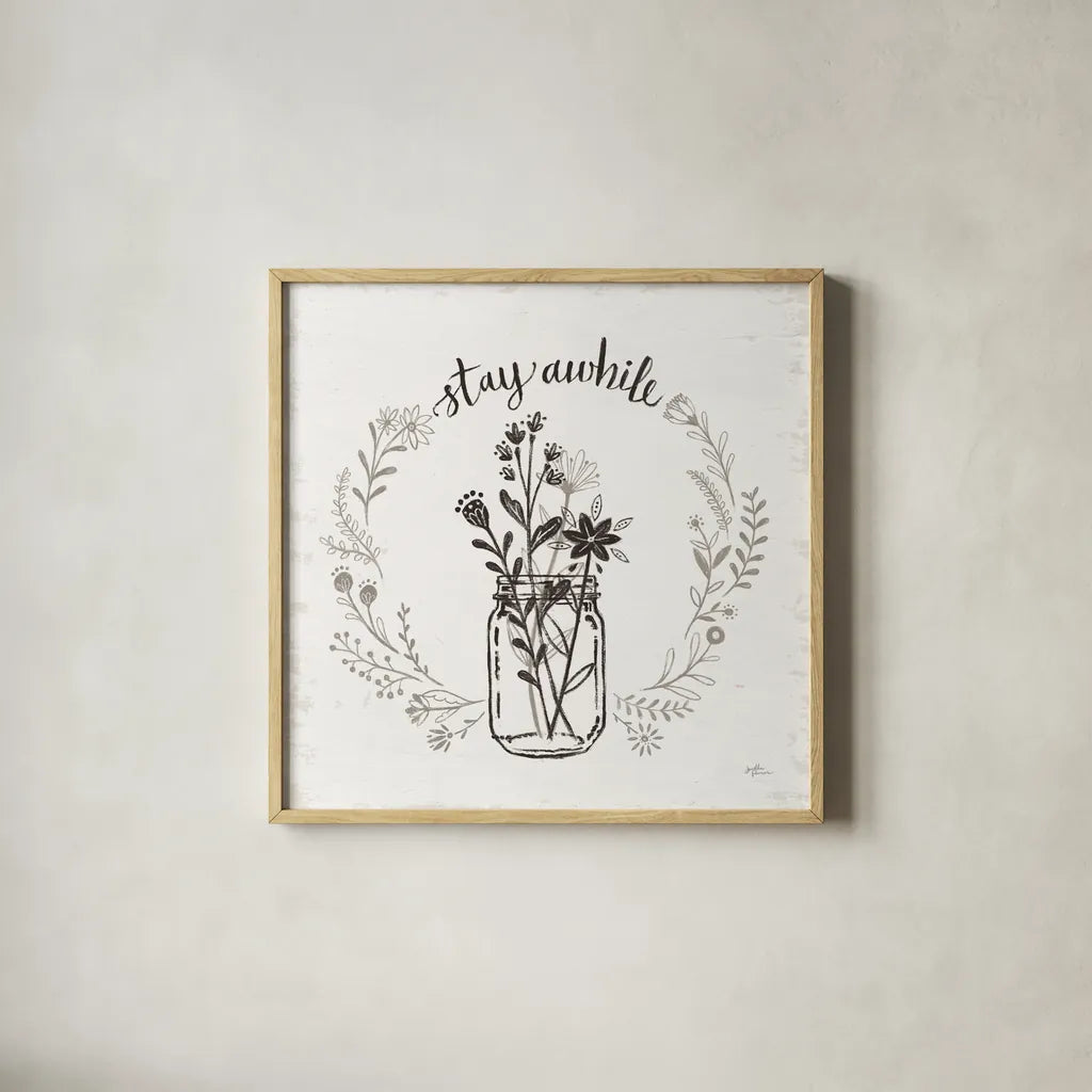 Our Nest VIII Stay Awhile by Janelle Penner. Shown in a natural wood glass frame for a timeless modern aesthetic. Available as an archival giclee rolled canvas, fine art paper, or poster print. SKU 78847a.