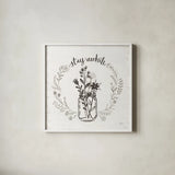 Our Nest VIII Stay Awhile by Janelle Penner. Shown in a crisp white glass frame for a clean and minimalist style. Available as an archival giclee rolled canvas, fine art paper, or poster print. SKU 78847a.
