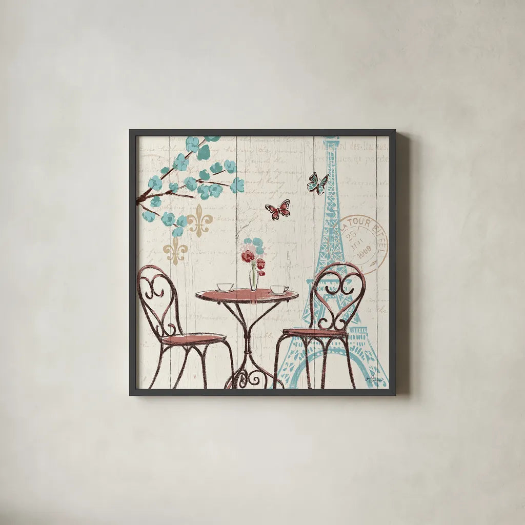 Paris Tour V by Janelle Penner. Shown in a sleek black glass frame for a contemporary gallery look. Available as an archival giclee rolled canvas, fine art paper, or poster print. SKU 24125a.