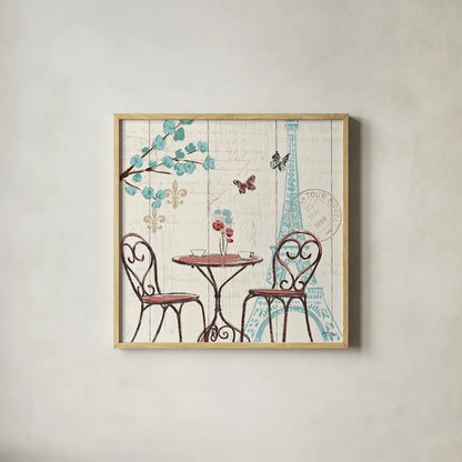 Paris Tour V by Janelle Penner. Shown in a natural wood glass frame for a timeless modern aesthetic. Available as an archival giclee rolled canvas, fine art paper, or poster print. SKU 24125a.