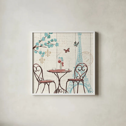 Paris Tour V by Janelle Penner. Shown in a crisp white glass frame for a clean and minimalist style. Available as an archival giclee rolled canvas, fine art paper, or poster print. SKU 24125a.