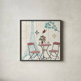 Paris Tour VI by Janelle Penner. Shown in a sleek black glass frame for a contemporary gallery look. Available as an archival giclee rolled canvas, fine art paper, or poster print. SKU 24126a.
