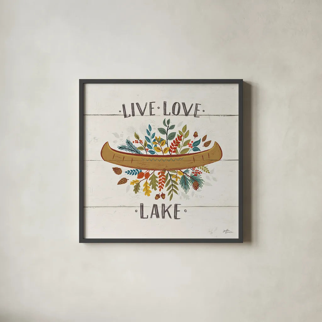 Peace and Lodge I by Janelle Penner. Shown in a sleek black glass frame for a contemporary gallery look. Available as an archival giclee rolled canvas, fine art paper, or poster print. SKU 28979a.