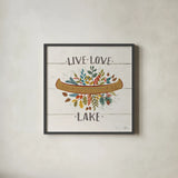 Peace and Lodge I by Janelle Penner. Shown in a sleek black glass frame for a contemporary gallery look. Available as an archival giclee rolled canvas, fine art paper, or poster print. SKU 28979a.