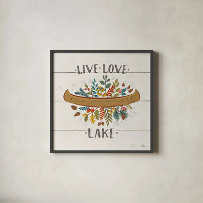 Peace and Lodge I by Janelle Penner. Shown in a sleek black glass frame for a contemporary gallery look. Available as an archival giclee rolled canvas, fine art paper, or poster print. SKU 28979a.