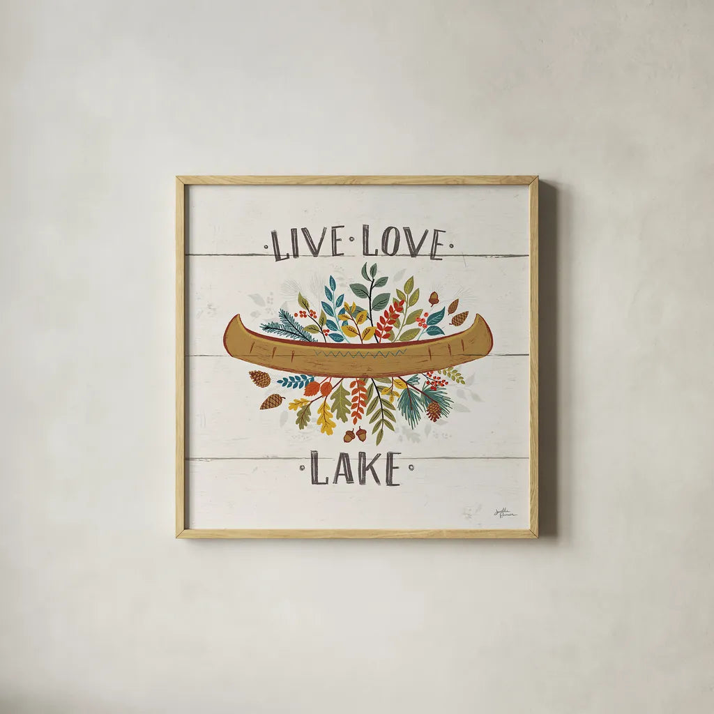 Peace and Lodge I by Janelle Penner. Shown in a natural wood glass frame for a timeless modern aesthetic. Available as an archival giclee rolled canvas, fine art paper, or poster print. SKU 28979a.