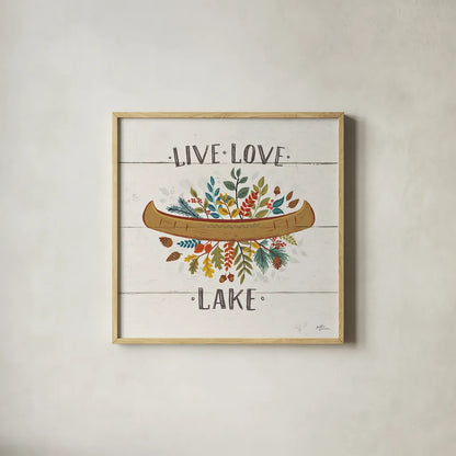 Peace and Lodge I by Janelle Penner. Shown in a natural wood glass frame for a timeless modern aesthetic. Available as an archival giclee rolled canvas, fine art paper, or poster print. SKU 28979a.