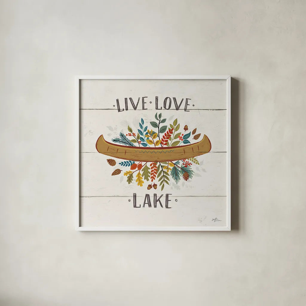 Peace and Lodge I by Janelle Penner. Shown in a crisp white glass frame for a clean and minimalist style. Available as an archival giclee rolled canvas, fine art paper, or poster print. SKU 28979a.