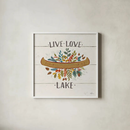 Peace and Lodge I by Janelle Penner. Shown in a crisp white glass frame for a clean and minimalist style. Available as an archival giclee rolled canvas, fine art paper, or poster print. SKU 28979a.