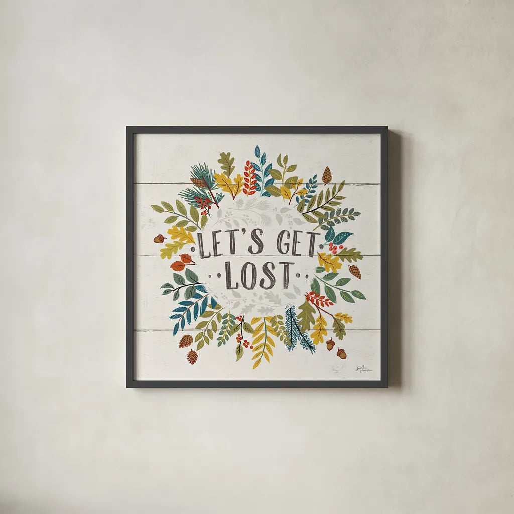 Peace and Lodge II by Janelle Penner. Shown in a sleek black glass frame for a contemporary gallery look. Available as an archival giclee rolled canvas, fine art paper, or poster print. SKU 28980a.