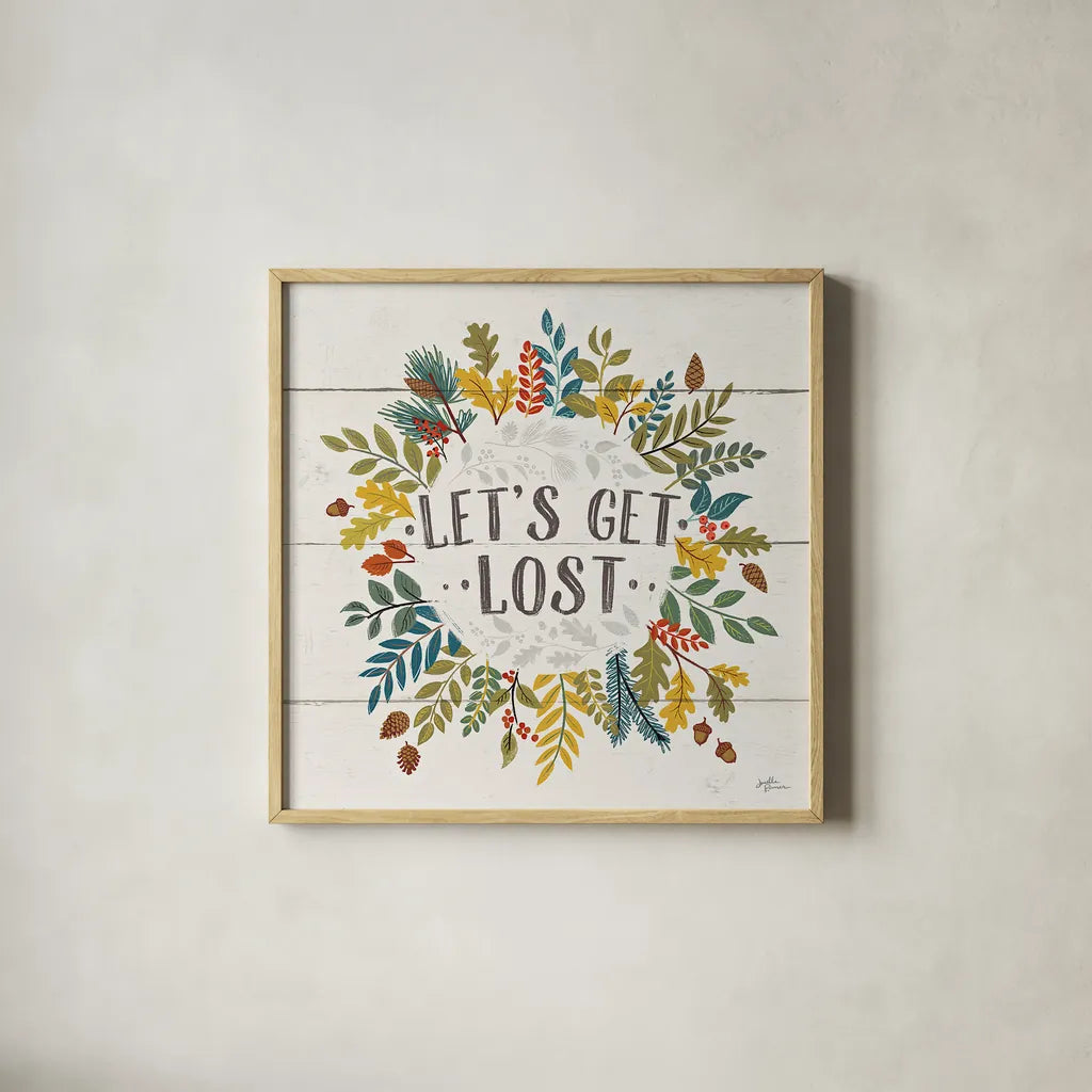 Peace and Lodge II by Janelle Penner. Shown in a natural wood glass frame for a timeless modern aesthetic. Available as an archival giclee rolled canvas, fine art paper, or poster print. SKU 28980a.