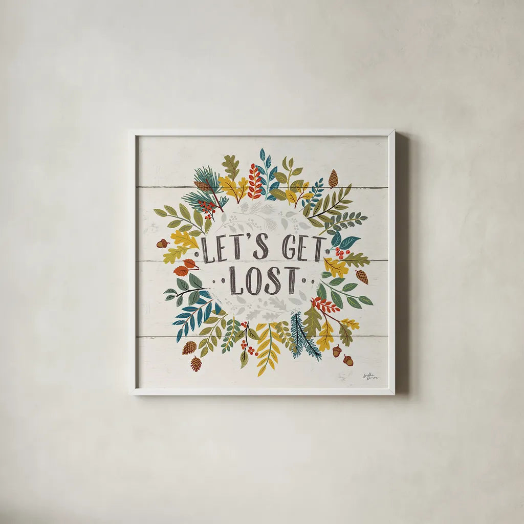 Peace and Lodge II by Janelle Penner. Shown in a crisp white glass frame for a clean and minimalist style. Available as an archival giclee rolled canvas, fine art paper, or poster print. SKU 28980a.