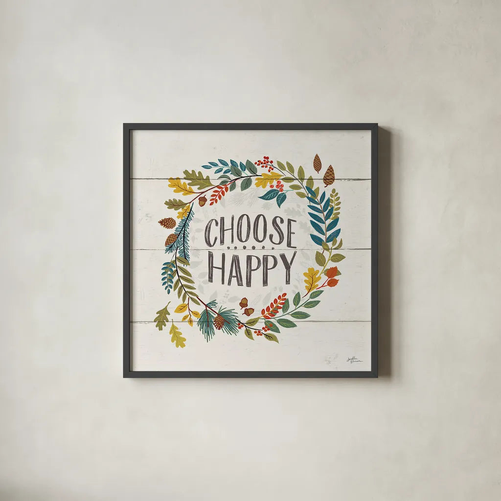 Peace and Lodge III by Janelle Penner. Shown in a sleek black glass frame for a contemporary gallery look. Available as an archival giclee rolled canvas, fine art paper, or poster print. SKU 28981a.