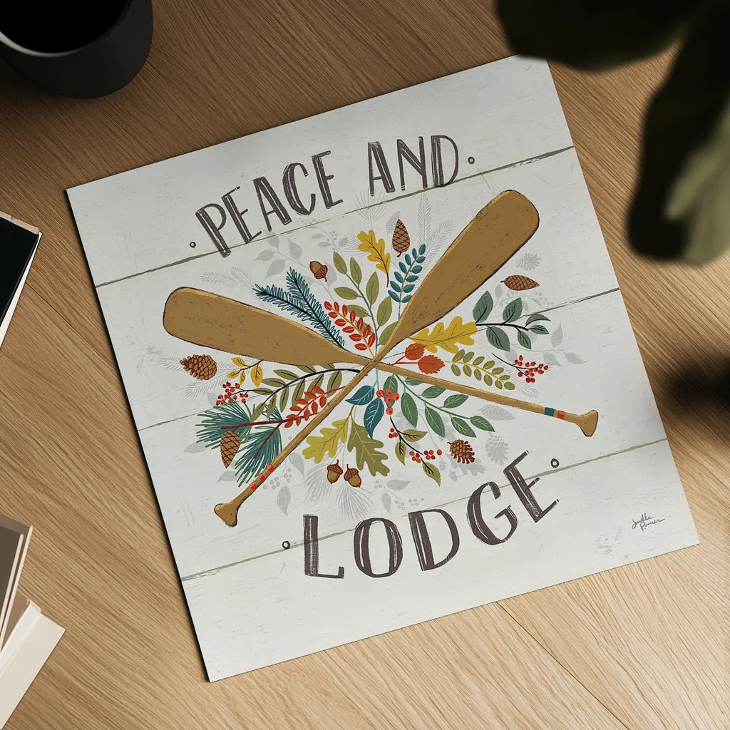 Peace and Lodge IV by Janelle Penner. Shown as a detailed flat fine art print, highlighting archival giclee quality. Available as an archival giclee rolled canvas, fine art paper, or poster print. SKU 28982a.