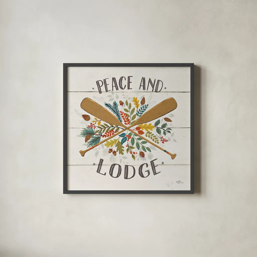 Peace and Lodge IV by Janelle Penner. Shown in a sleek black glass frame for a contemporary gallery look. Available as an archival giclee rolled canvas, fine art paper, or poster print. SKU 28982a.