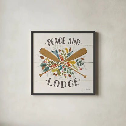 Peace and Lodge IV by Janelle Penner. Shown in a sleek black glass frame for a contemporary gallery look. Available as an archival giclee rolled canvas, fine art paper, or poster print. SKU 28982a.