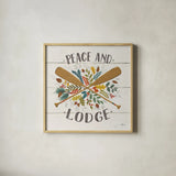 Peace and Lodge IV by Janelle Penner. Shown in a natural wood glass frame for a timeless modern aesthetic. Available as an archival giclee rolled canvas, fine art paper, or poster print. SKU 28982a.