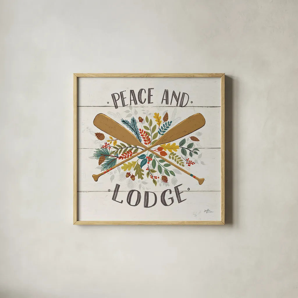 Peace and Lodge IV by Janelle Penner. Shown in a natural wood glass frame for a timeless modern aesthetic. Available as an archival giclee rolled canvas, fine art paper, or poster print. SKU 28982a.