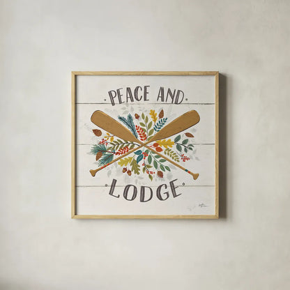 Peace and Lodge IV by Janelle Penner. Shown in a natural wood glass frame for a timeless modern aesthetic. Available as an archival giclee rolled canvas, fine art paper, or poster print. SKU 28982a.