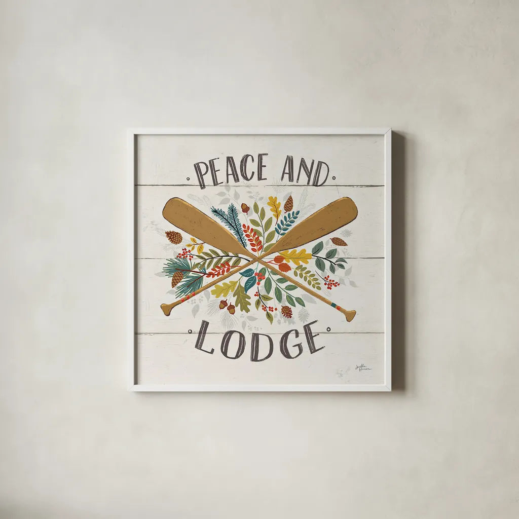 Peace and Lodge IV by Janelle Penner. Shown in a crisp white glass frame for a clean and minimalist style. Available as an archival giclee rolled canvas, fine art paper, or poster print. SKU 28982a.