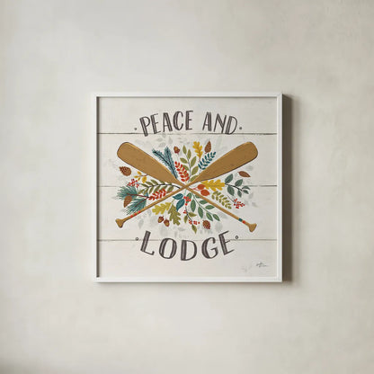 Peace and Lodge IV by Janelle Penner. Shown in a crisp white glass frame for a clean and minimalist style. Available as an archival giclee rolled canvas, fine art paper, or poster print. SKU 28982a.