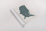 Peace and Lodge USA Map by Janelle Penner. shown as a rolled paper print. Available as archival giclee rolled canvas, fine art paper, or poster print. SKU 63363i.