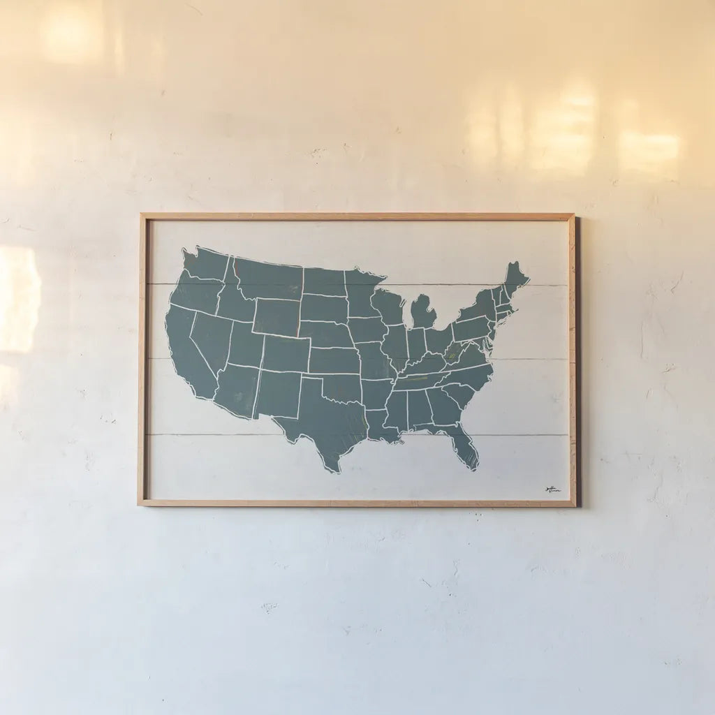 Peace and Lodge USA Map by Janelle Penner. shown as a paper print in a natural frame. Available as a archival giclee rolled canvas, fine art paper, or poster print. SKU 63363i.