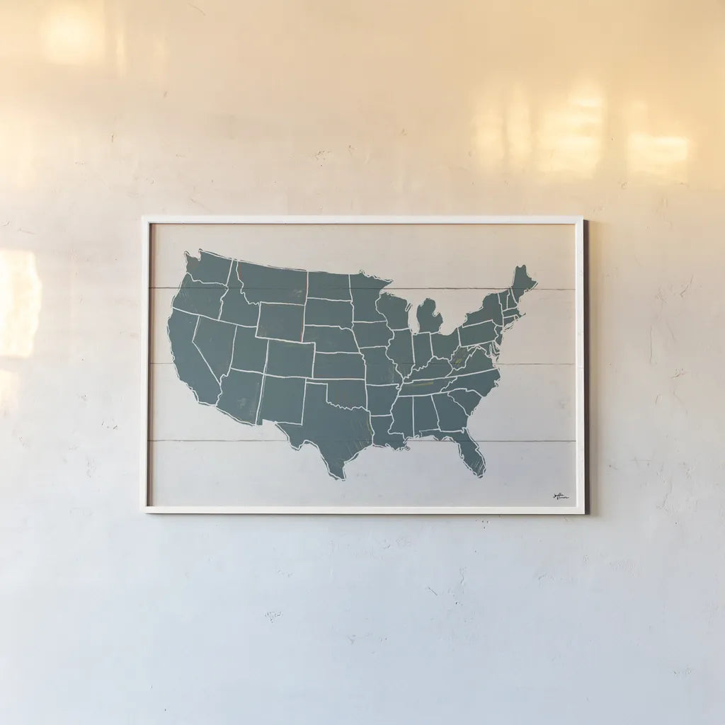 Peace and Lodge USA Map by Janelle Penner. shown as a paper print in a white frame. Available as a archival giclee rolled canvas, fine art paper, or poster print. SKU 63363i.