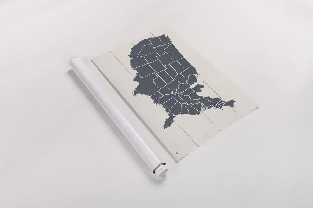 Peace and Lodge USA Map Gray by Janelle Penner. shown as a rolled paper print. Available as archival giclee rolled canvas, fine art paper, or poster print. SKU 88477i.