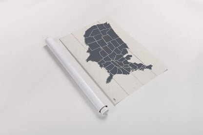 Peace and Lodge USA Map Gray by Janelle Penner. shown as a rolled paper print. Available as archival giclee rolled canvas, fine art paper, or poster print. SKU 88477i.