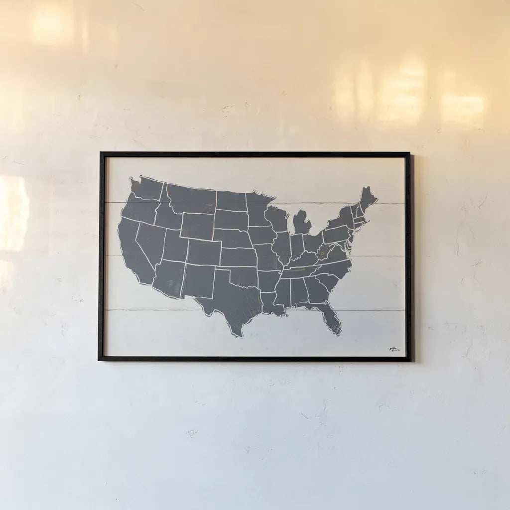 Peace and Lodge USA Map Gray by Janelle Penner. shown as a paper print in a black flame. Available as a archival giclee rolled canvas, fine art paper, or poster print. SKU 88477i.